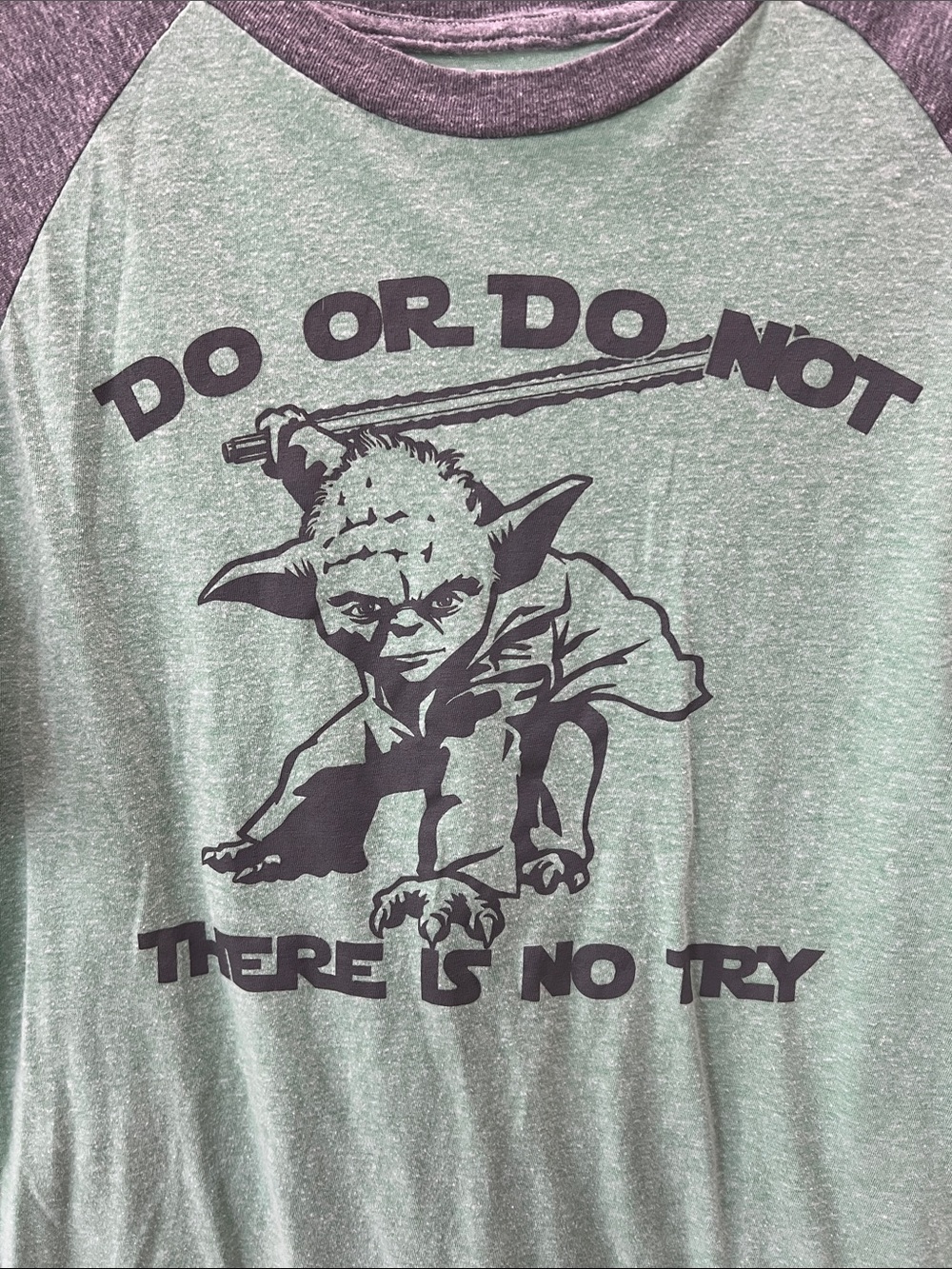 YODA Star Wars Men's Short Sleeve Tee Green with Purple Raglan